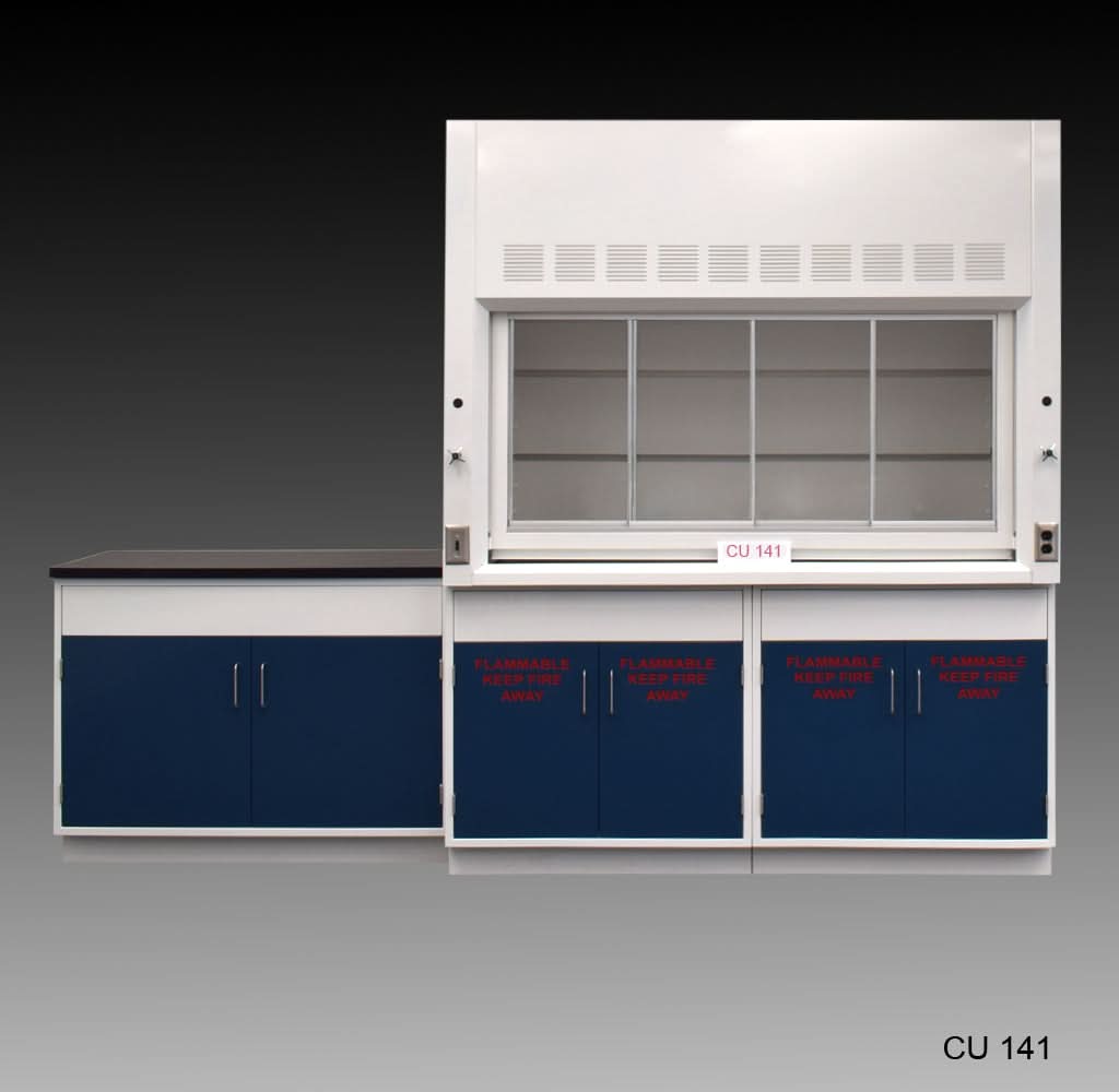 6′ Fisher American Fume Hood w/ Flammable & General Storage & 9′ Laboratory Cabinet Group