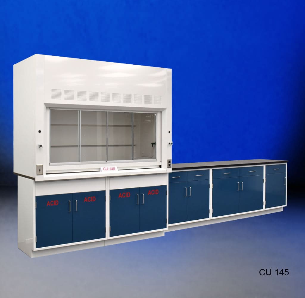 6′ Fisher American Fume Hood w/ Acid & General Storage & 9′ Laboratory Cabinets
