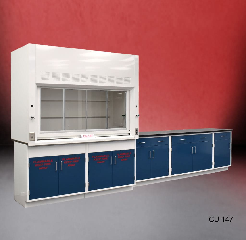 6′ Fisher American Fume Hood w/ 9′ Flammable & General Storage & 9′ Laboratory Cabinets