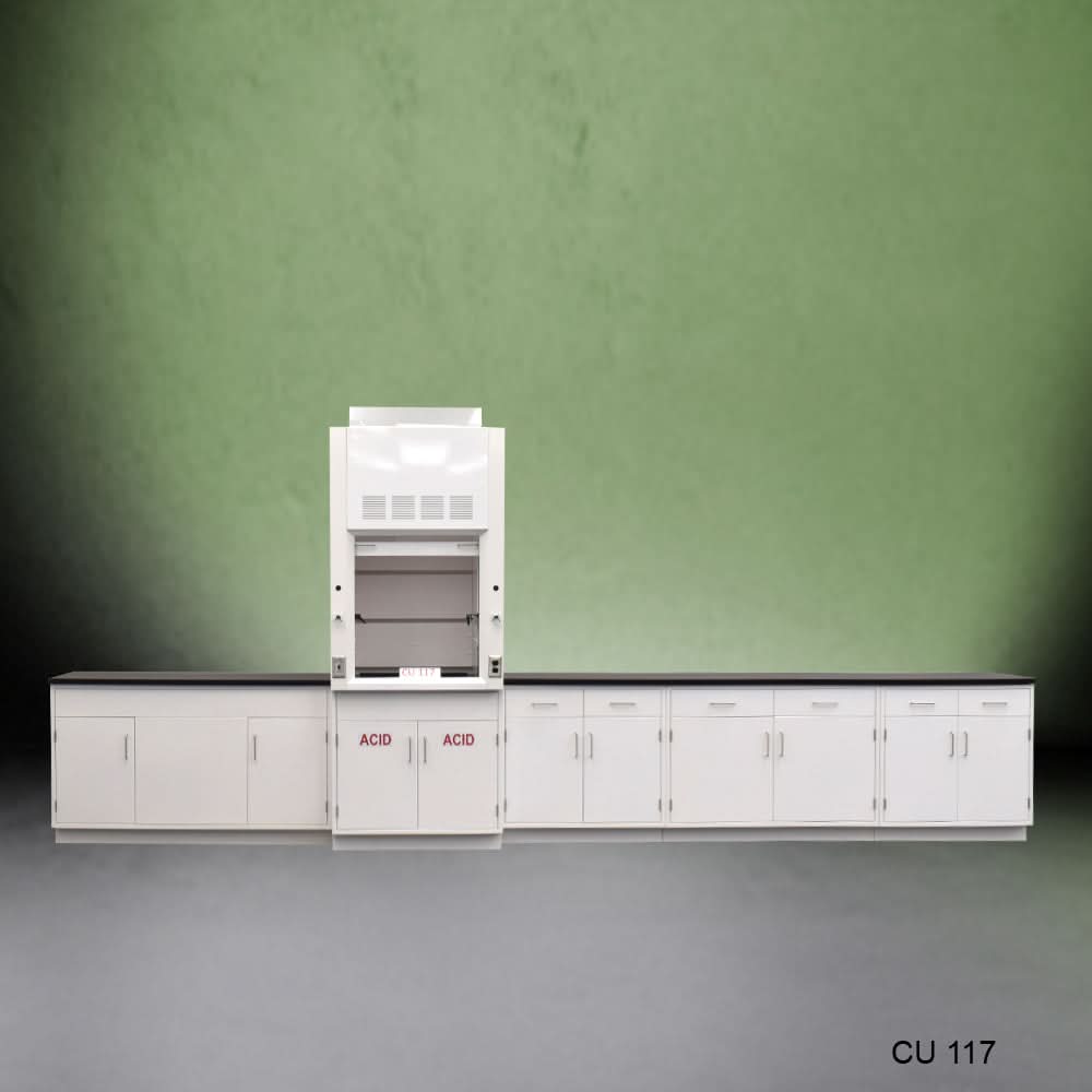 3′ Fisher American Fume Hood w/ 15′ Cabinets & Acid Storage
