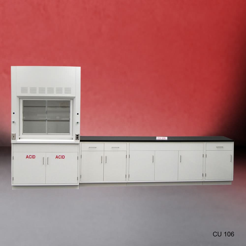 4′ Fisher American Fume Hood w/ 10′ Laboratory Cabinets & ACID Storage