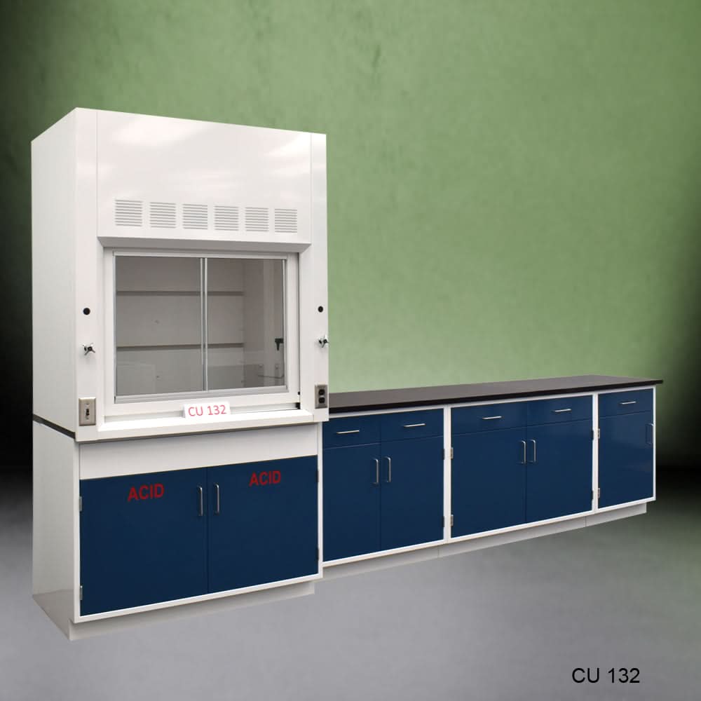 4′ Fisher American Fume Hood w/ Acid Storage & 9′ Cabinets