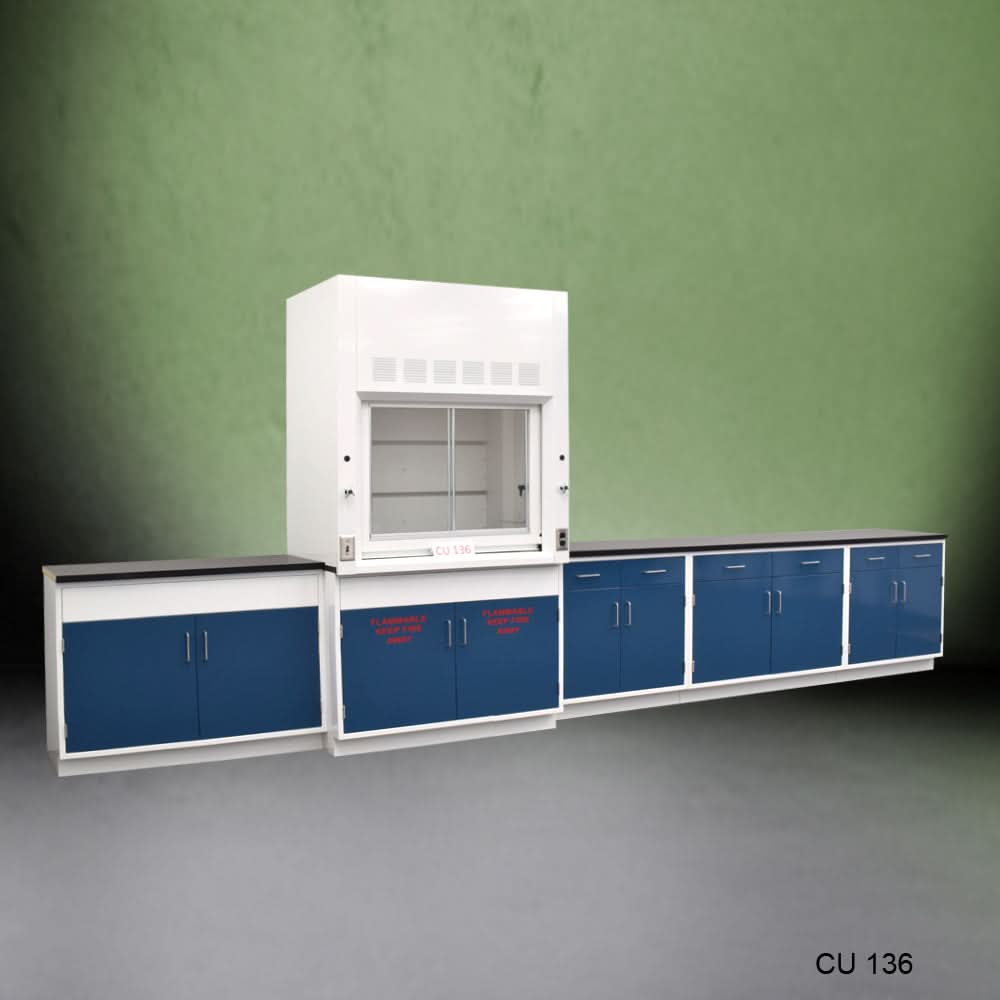 4′ Fisher American Fume Hood w/ Flammable Storage & 14′ Cabinets