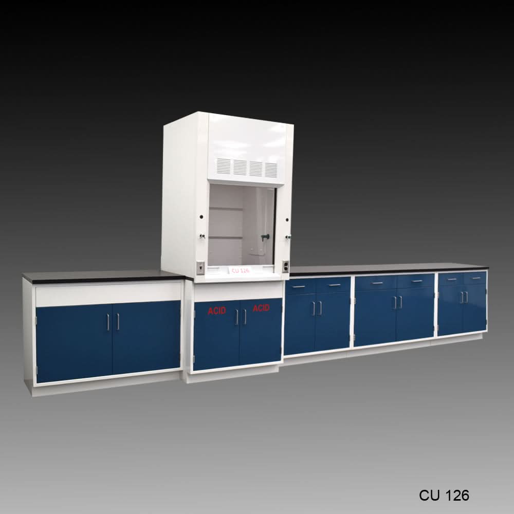 3′ Fisher American Fume Hood w/ Acid Storage & 14′ Laboratory Cabinet Group
