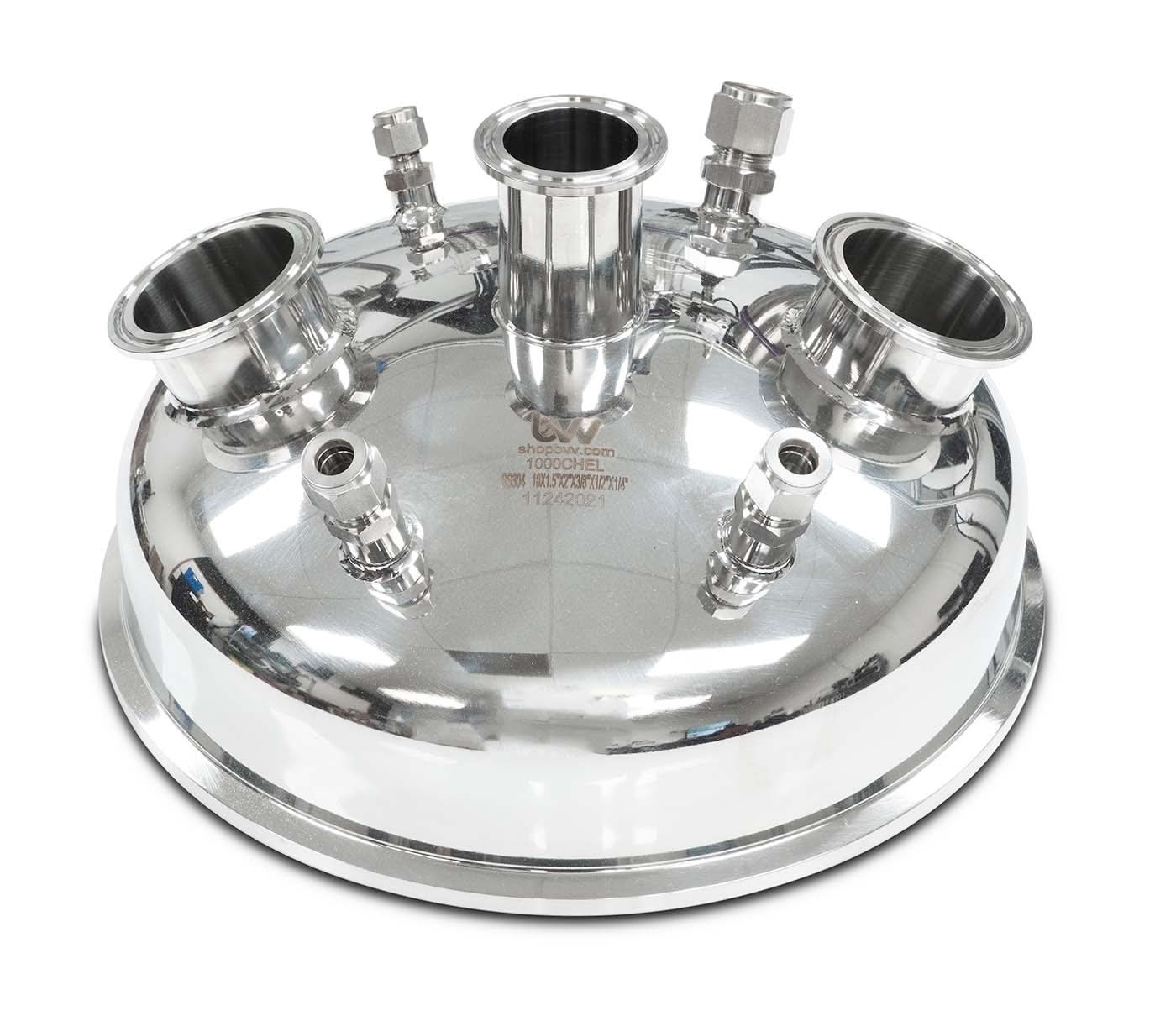 Compression 10" Tri-Clamp x (2) 2" Tri-Clamp x (1) 1.5" TriClamp x (2) 3/8" Compression x 1/4" Compression x 1/2" Compression Hemispherical Lid