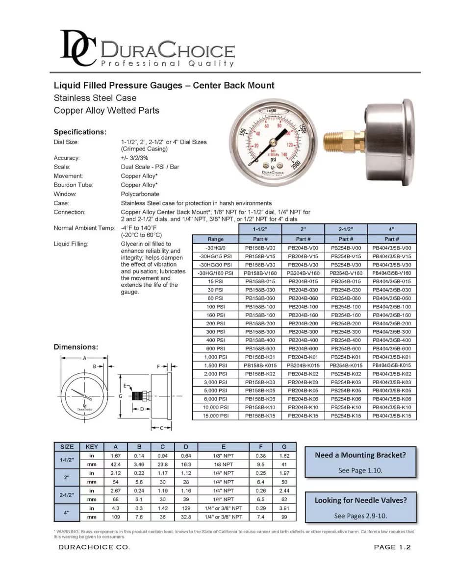 2-1/2" Oil Filled Vacuum Pressure Gauge - Stainless Steel Case, Brass, 1/4" NPT, Center Back Mount Connection -30HG/30PSI