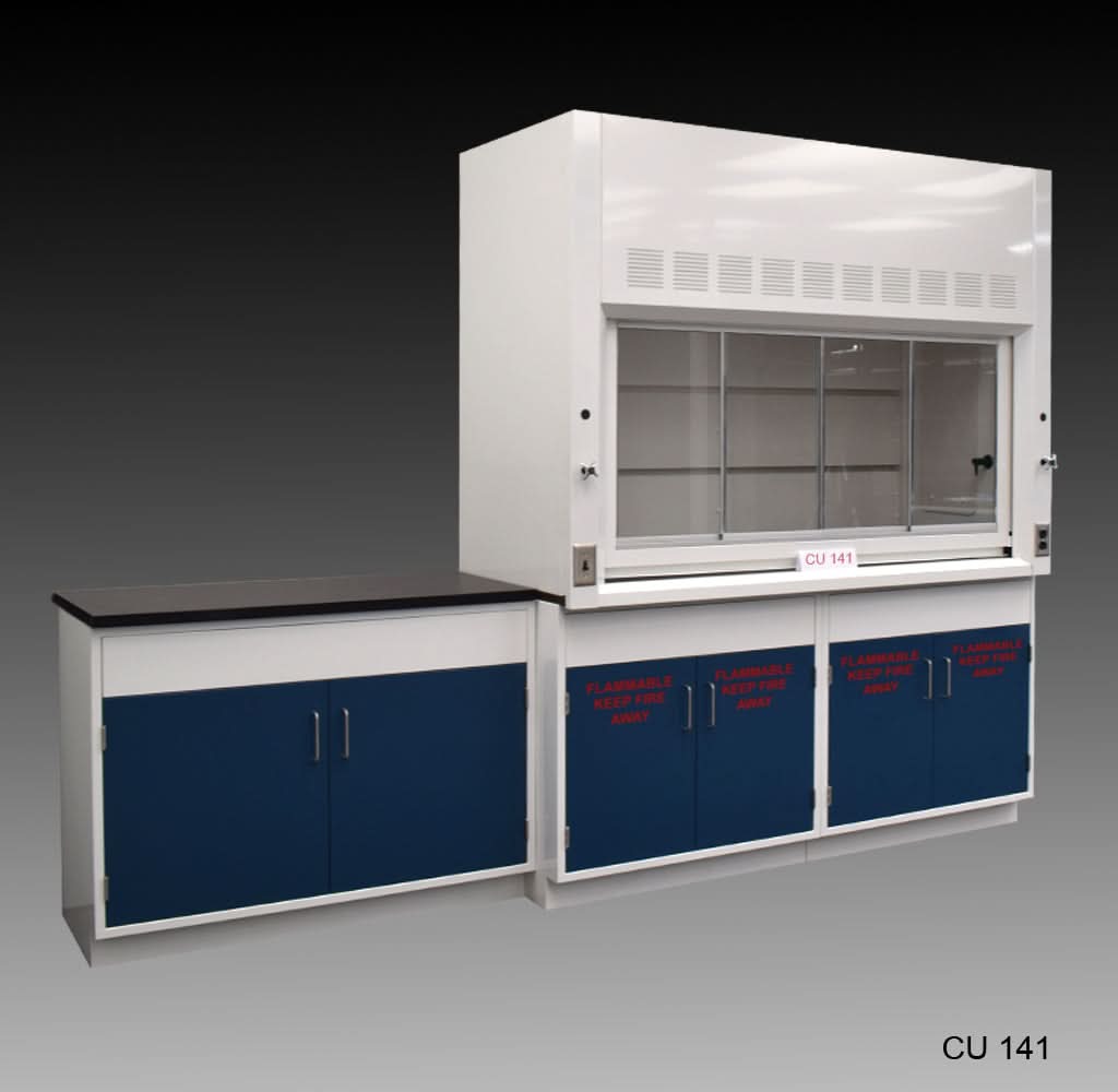 6′ Fisher American Fume Hood w/ Flammable & General Storage & 9′ Laboratory Cabinet Group