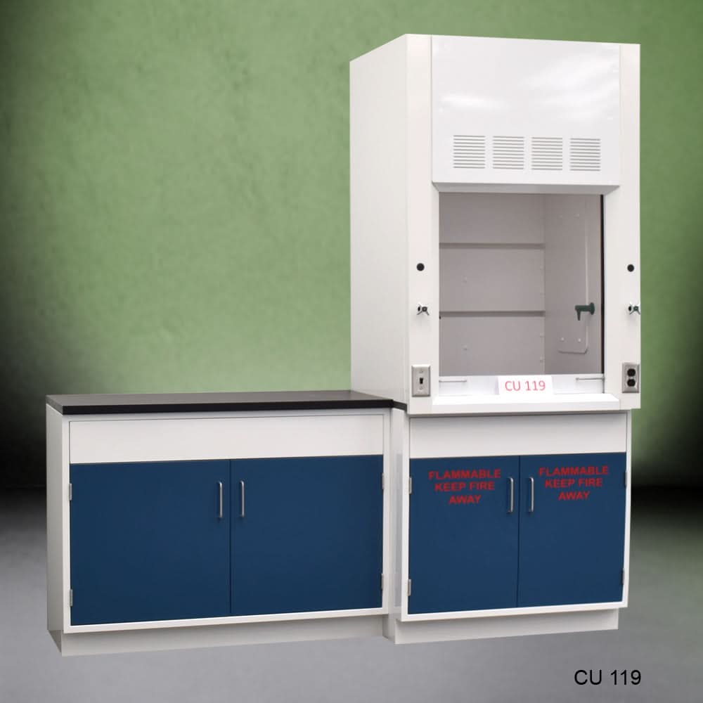 3′ Fisher American Fume Hood w/ Flammable Storage & 4′ Cabinet Group