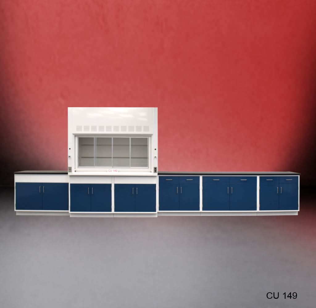 6′ Fisher American Fume Hood w/ General Storage & 14′ Laboratory Cabinet Group