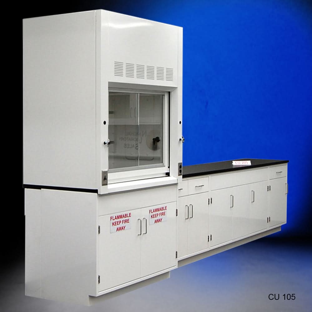 4′ Fisher American Fume Hood w/ Flammable Storage & 10′ Cabinets