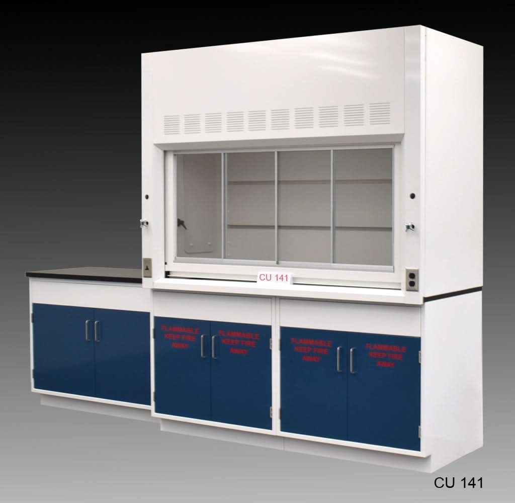 6′ Fisher American Fume Hood w/ Flammable & General Storage & 9′ Laboratory Cabinet Group