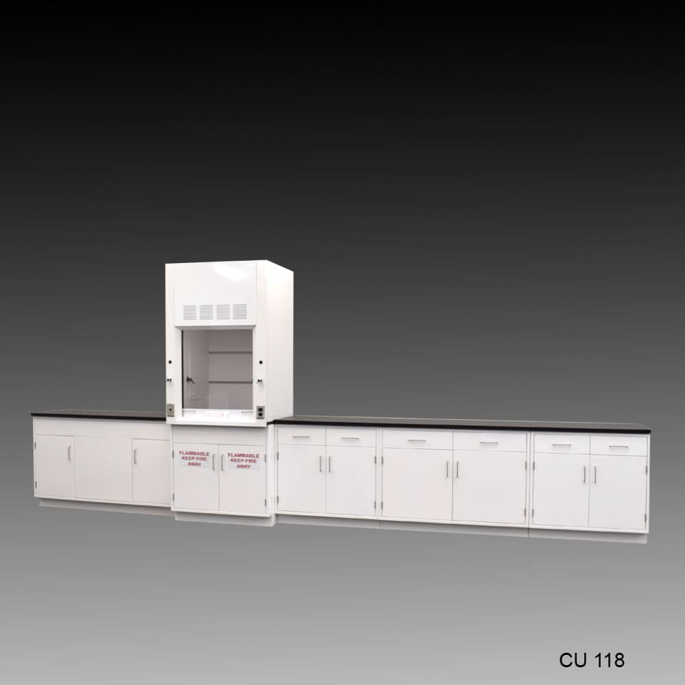 3ā² Fisher American Fume Hood w/ 15ā² Cabinets & Flammable Storage