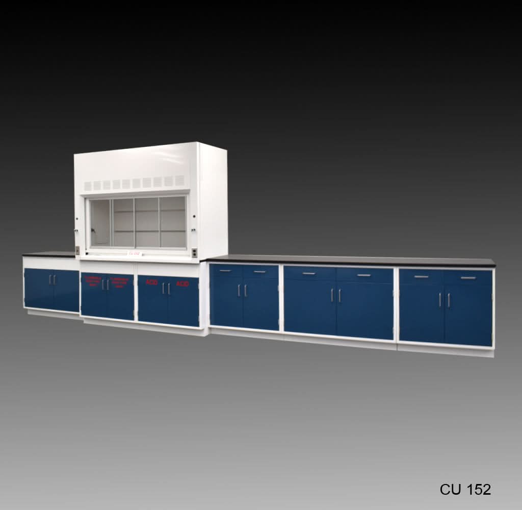 6′ Fisher American Fume Hood w/ Flammable & ACID Storage & 14′ Laboratory Cabinets