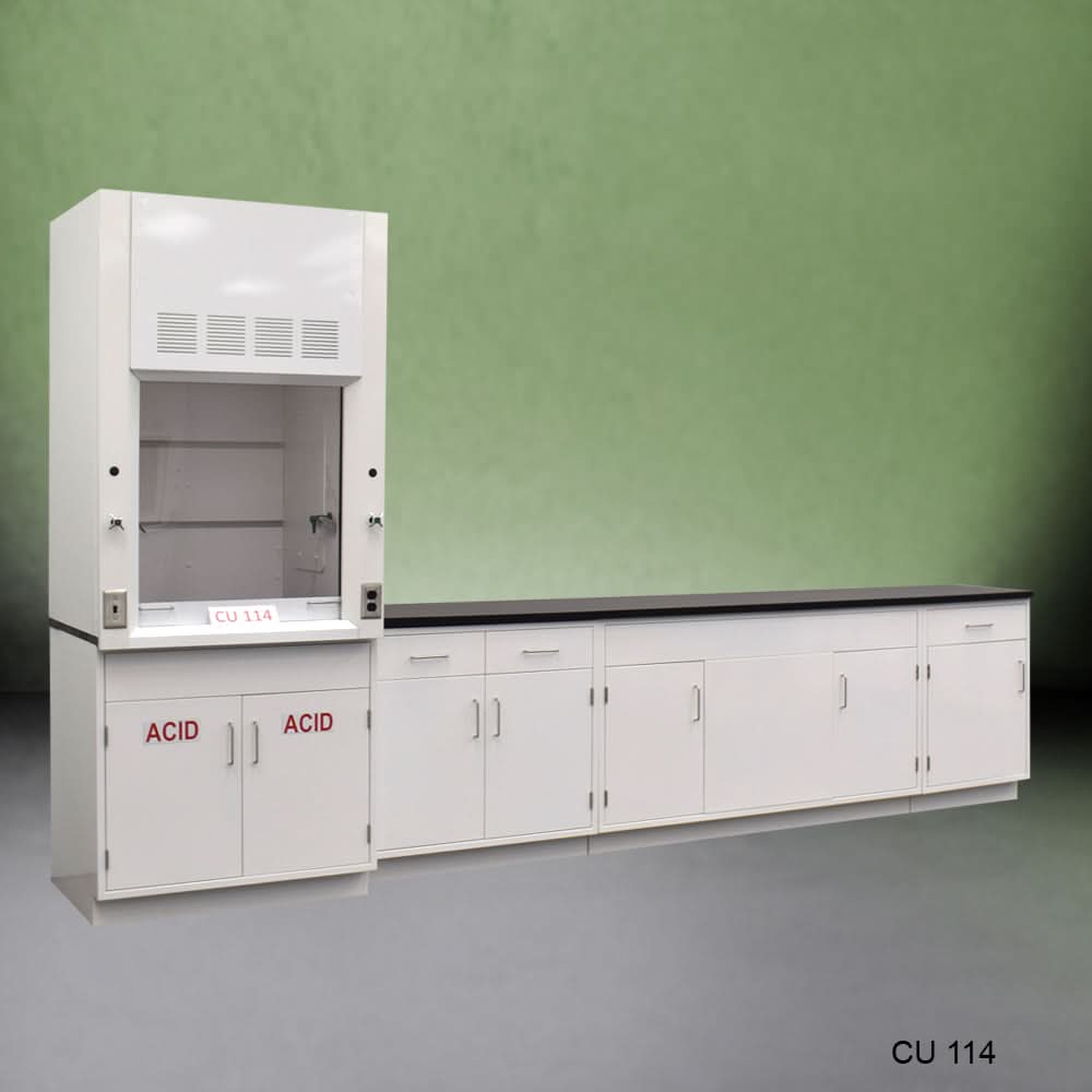 3′ Fisher American Fume Hood w/ 10′ Laboratory Cabinets & Acid Storage