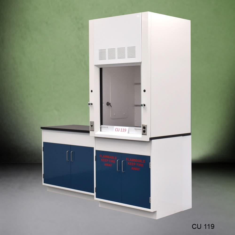 3′ Fisher American Fume Hood w/ Flammable Storage & 4′ Cabinet Group