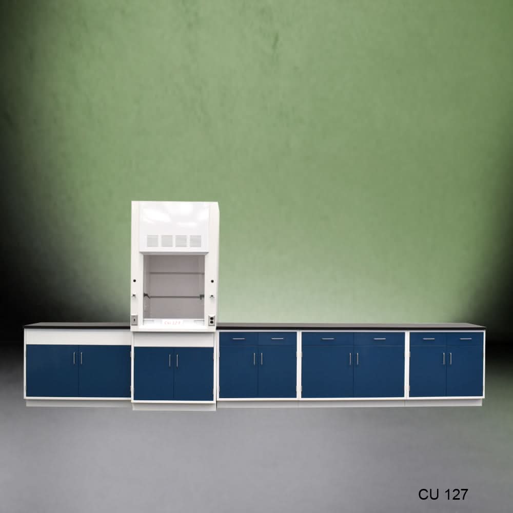 3′ Fisher American Fume Hood w/ Storage & 14′ Laboratory Cabinets