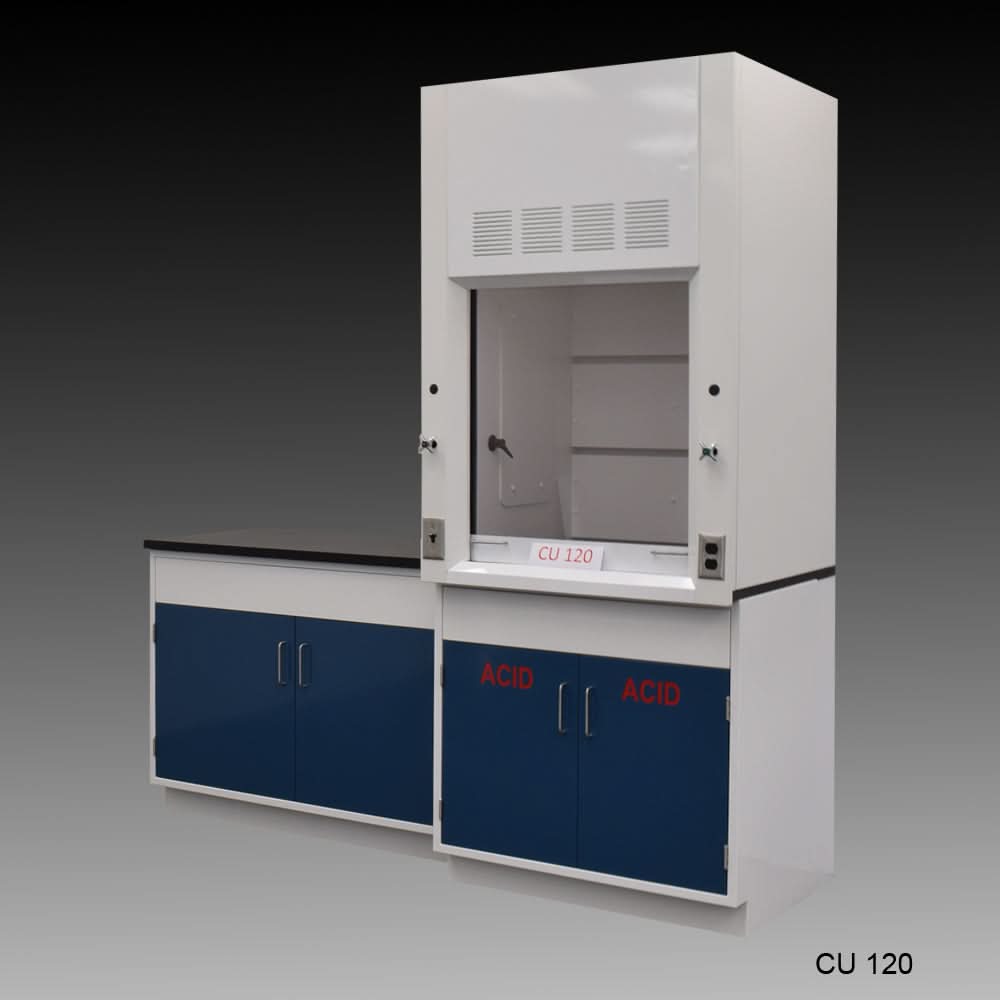 3′ Fisher American Fume Hood w/ 4′ Cabinets w/ Blue ACID Storage Cabinet