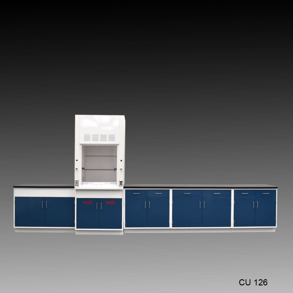 3ā² Fisher American Fume Hood w/ Acid Storage & 14ā² Laboratory Cabinet Group