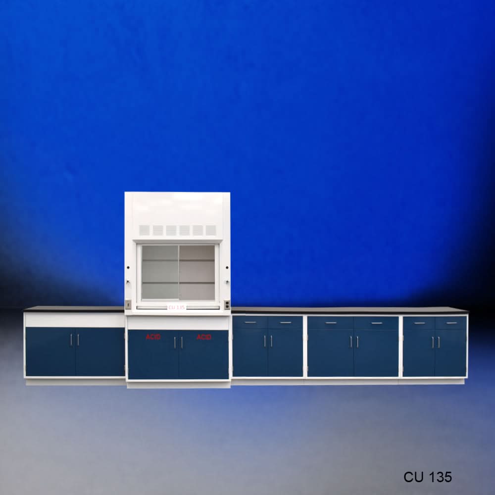 4′ Fisher American Fume Hood w/ Acid & General Storage & 14′ Laboratory Cabinets