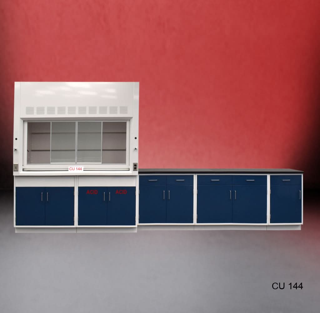 6′ Fisher American Fume Hood w/ Acid Storage & 9′ Laboratory Cabinet Group