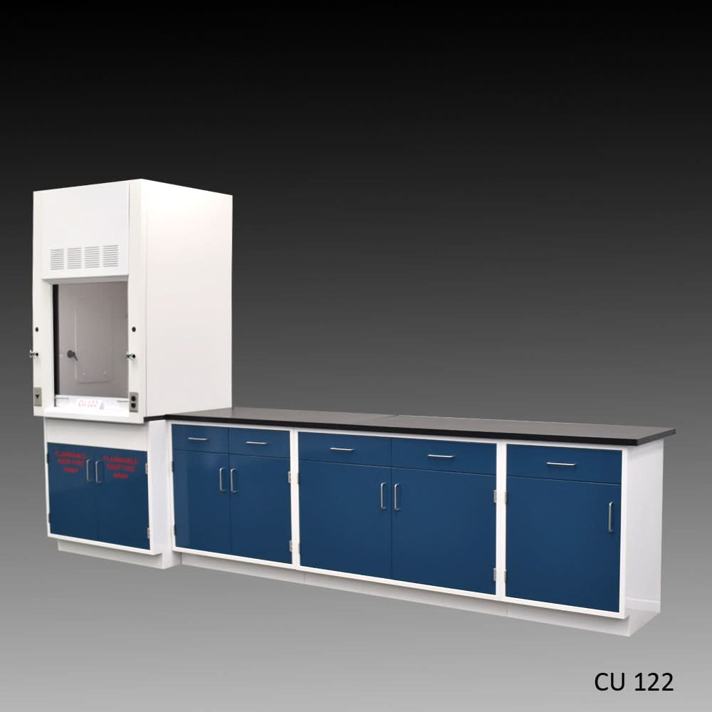 3′ Fisher American Fume Hood w/ Flammable Storage & 9′ Cabinets