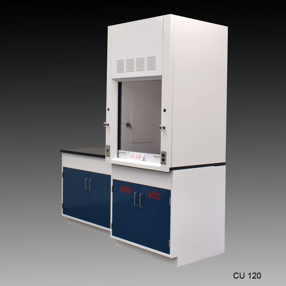 3′ Fisher American Fume Hood w/ 4′ Cabinets w/ Blue ACID Storage Cabinet