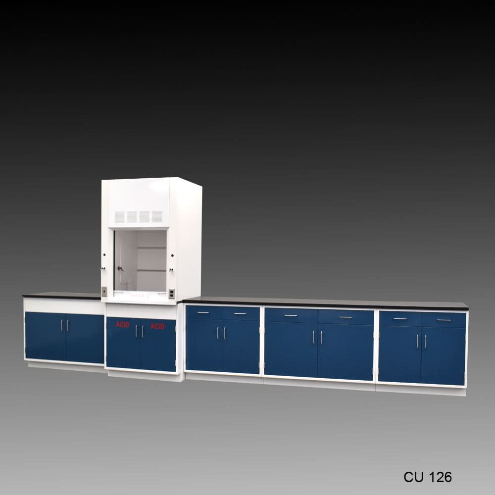 3ā² Fisher American Fume Hood w/ Acid Storage & 14ā² Laboratory Cabinet Group