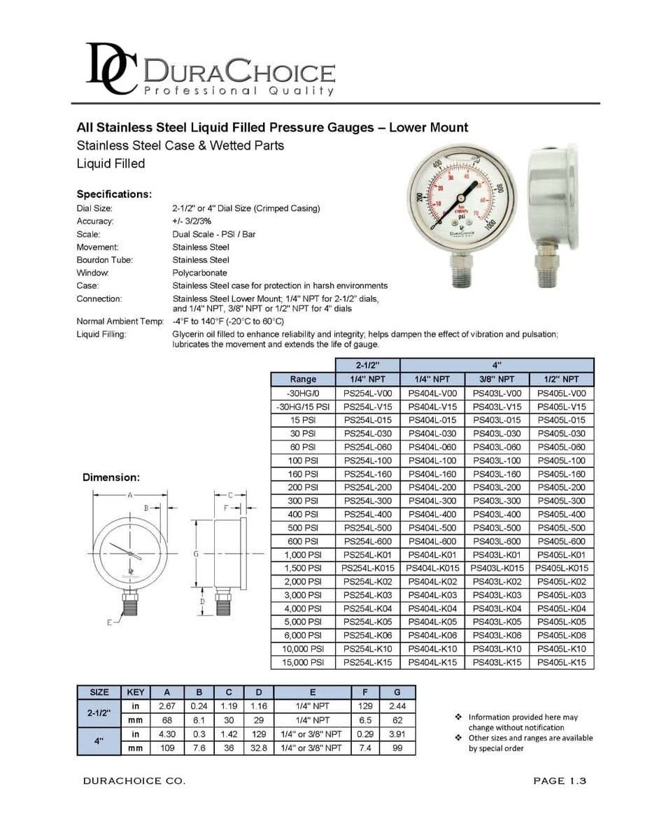 DuraChoice 4" All Stainless Steel Oil Filled Vacuum Pressure Gauge - 1/4" NPT Lower Mount, -30HG/0PSI