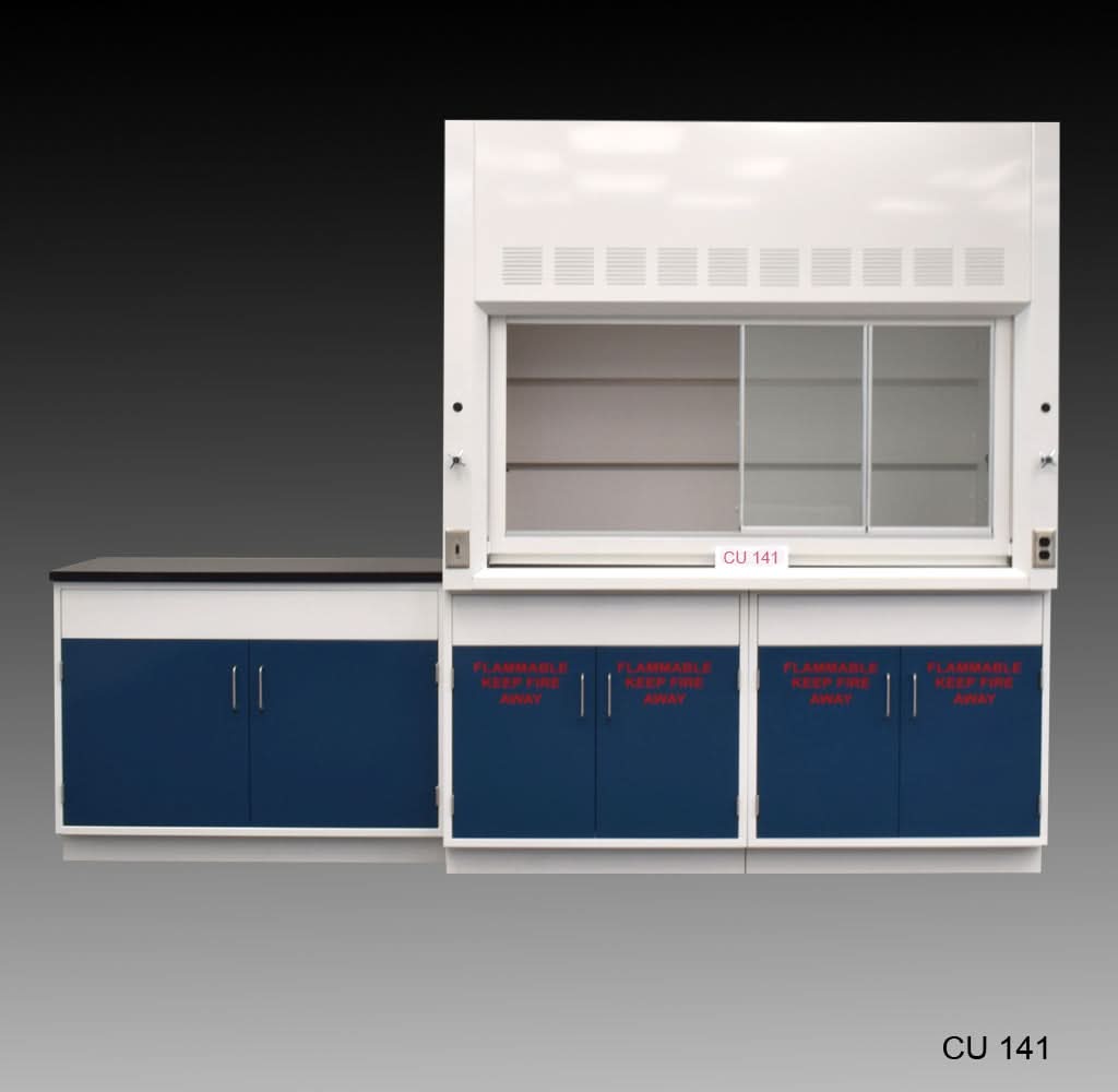 6′ Fisher American Fume Hood w/ Flammable & General Storage & 9′ Laboratory Cabinet Group