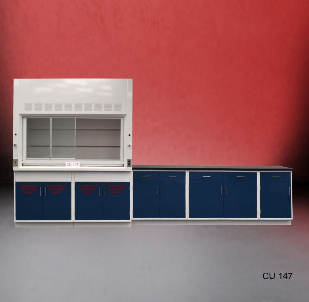 6′ Fisher American Fume Hood w/ 9′ Flammable & General Storage & 9′ Laboratory Cabinets