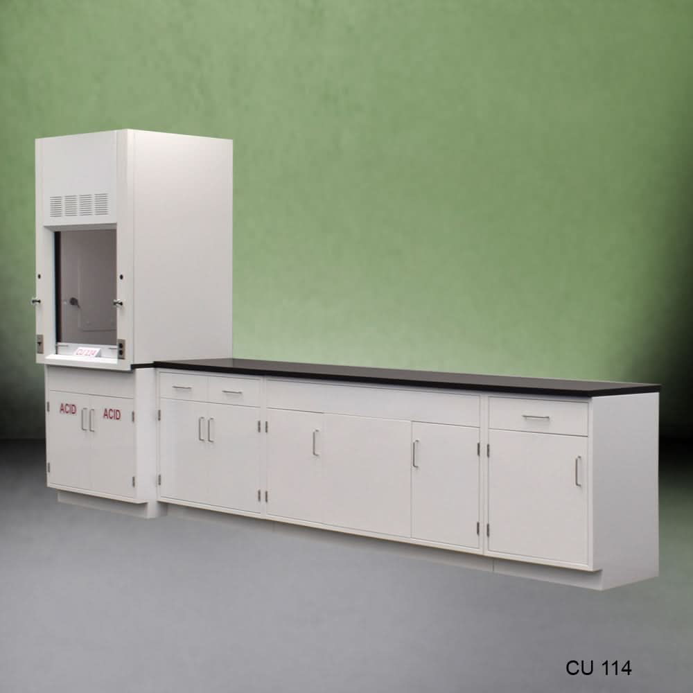 3′ Fisher American Fume Hood w/ 10′ Laboratory Cabinets & Acid Storage