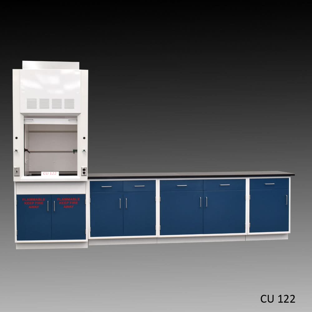 3′ Fisher American Fume Hood w/ Flammable Storage & 9′ Cabinets