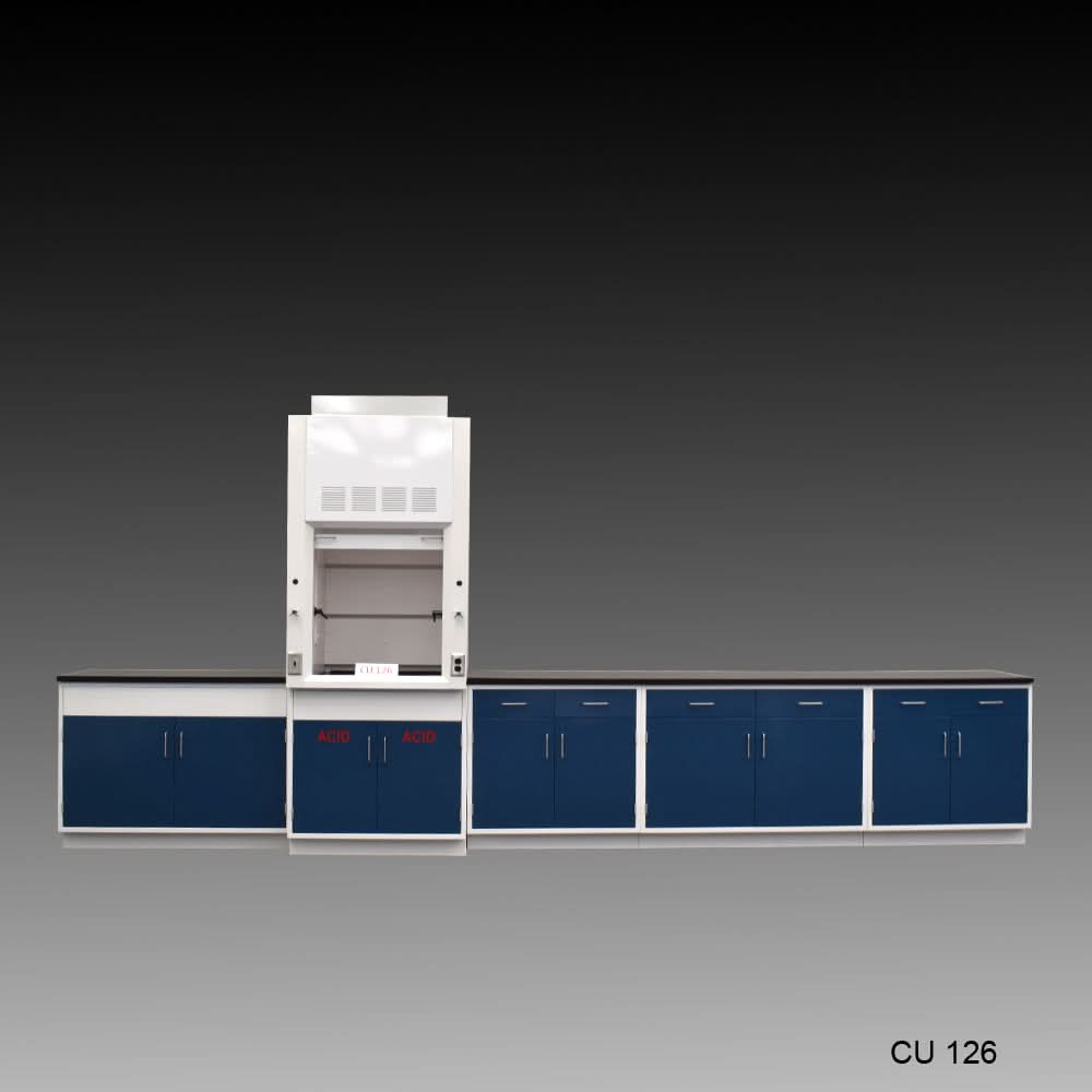3ā² Fisher American Fume Hood w/ Acid Storage & 14ā² Laboratory Cabinet Group