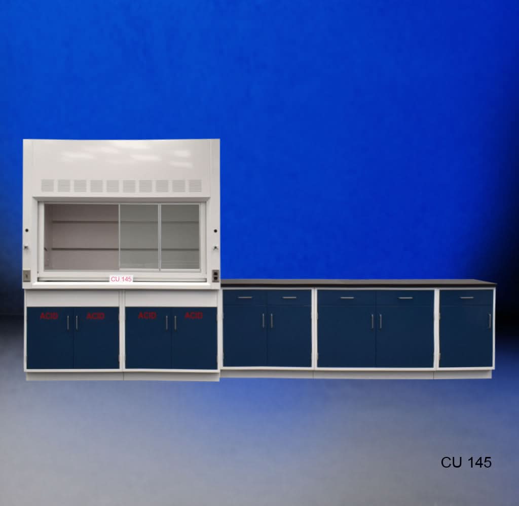 6′ Fisher American Fume Hood w/ Acid & General Storage & 9′ Laboratory Cabinets