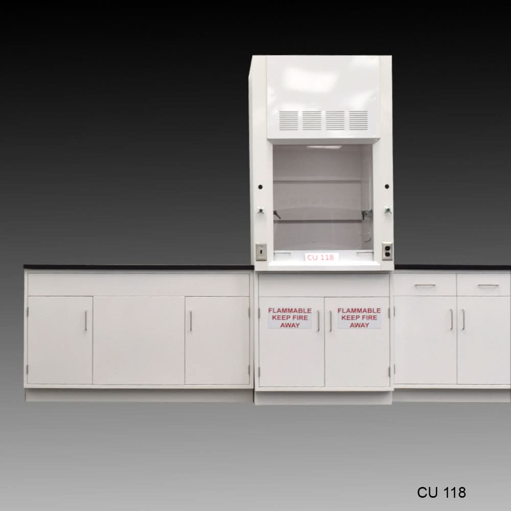 3ā² Fisher American Fume Hood w/ 15ā² Cabinets & Flammable Storage