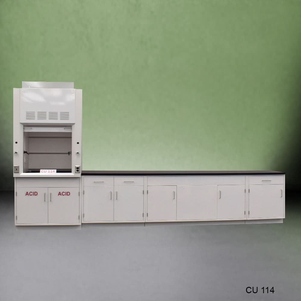 3′ Fisher American Fume Hood w/ 10′ Laboratory Cabinets & Acid Storage