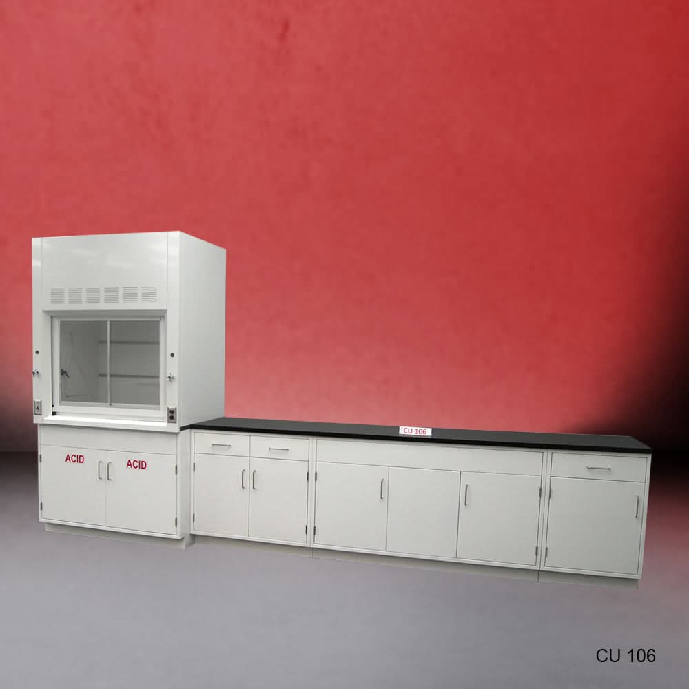4′ Fisher American Fume Hood w/ 10′ Laboratory Cabinets & ACID Storage