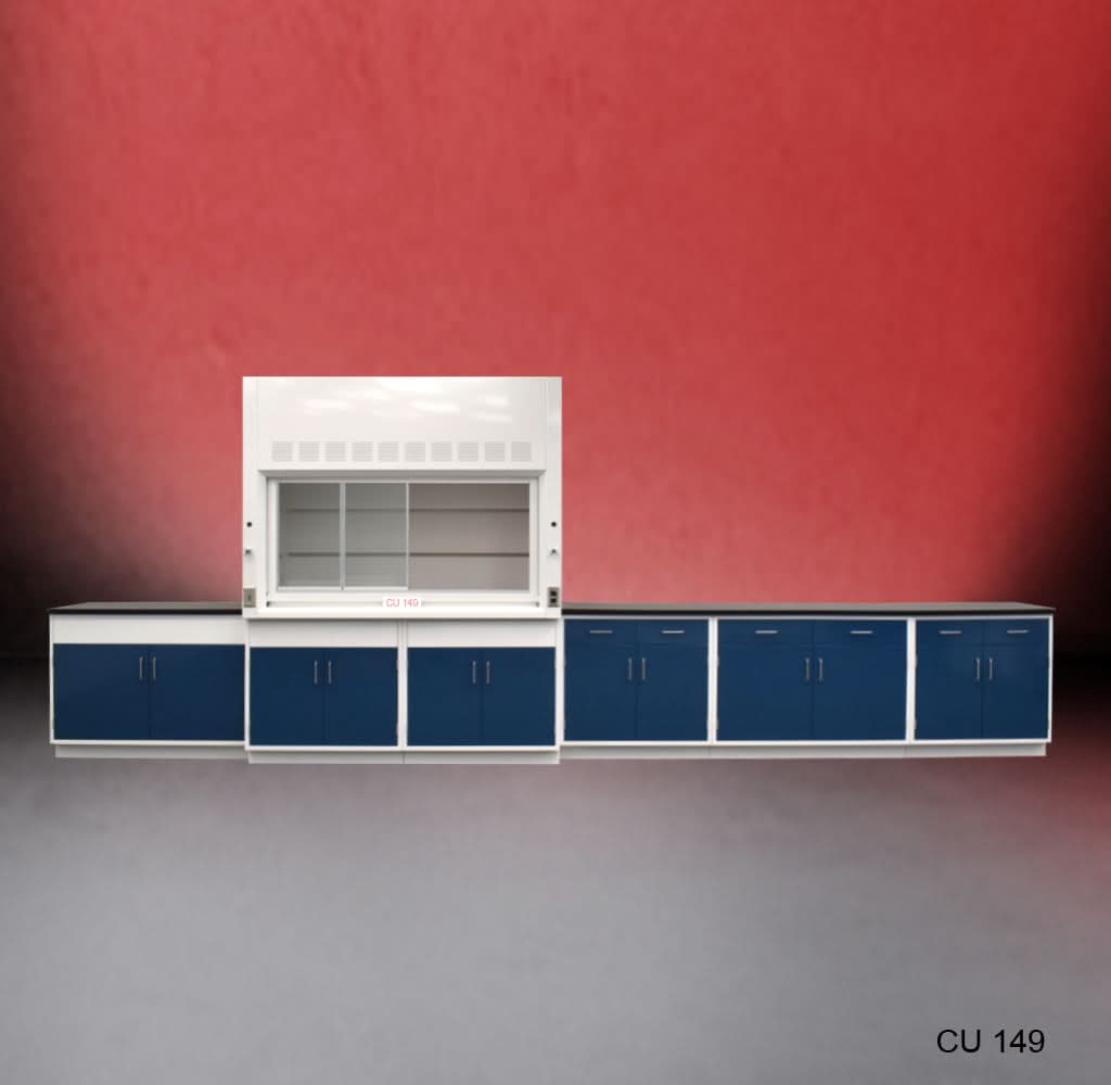 6′ Fisher American Fume Hood w/ General Storage & 14′ Laboratory Cabinet Group