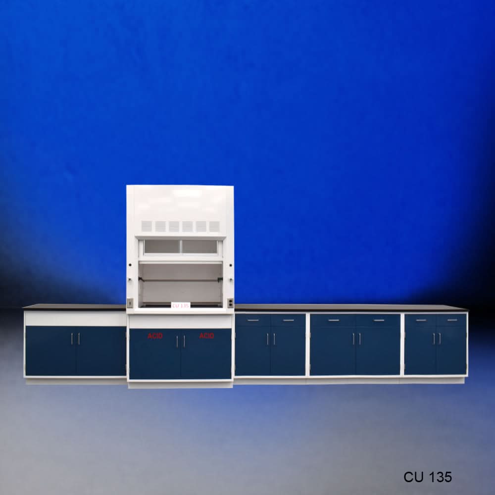 4′ Fisher American Fume Hood w/ Acid & General Storage & 14′ Laboratory Cabinets