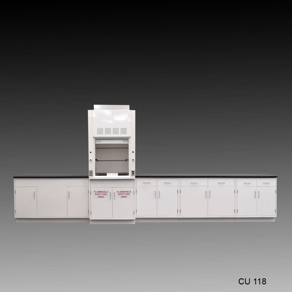 3ā² Fisher American Fume Hood w/ 15ā² Cabinets & Flammable Storage