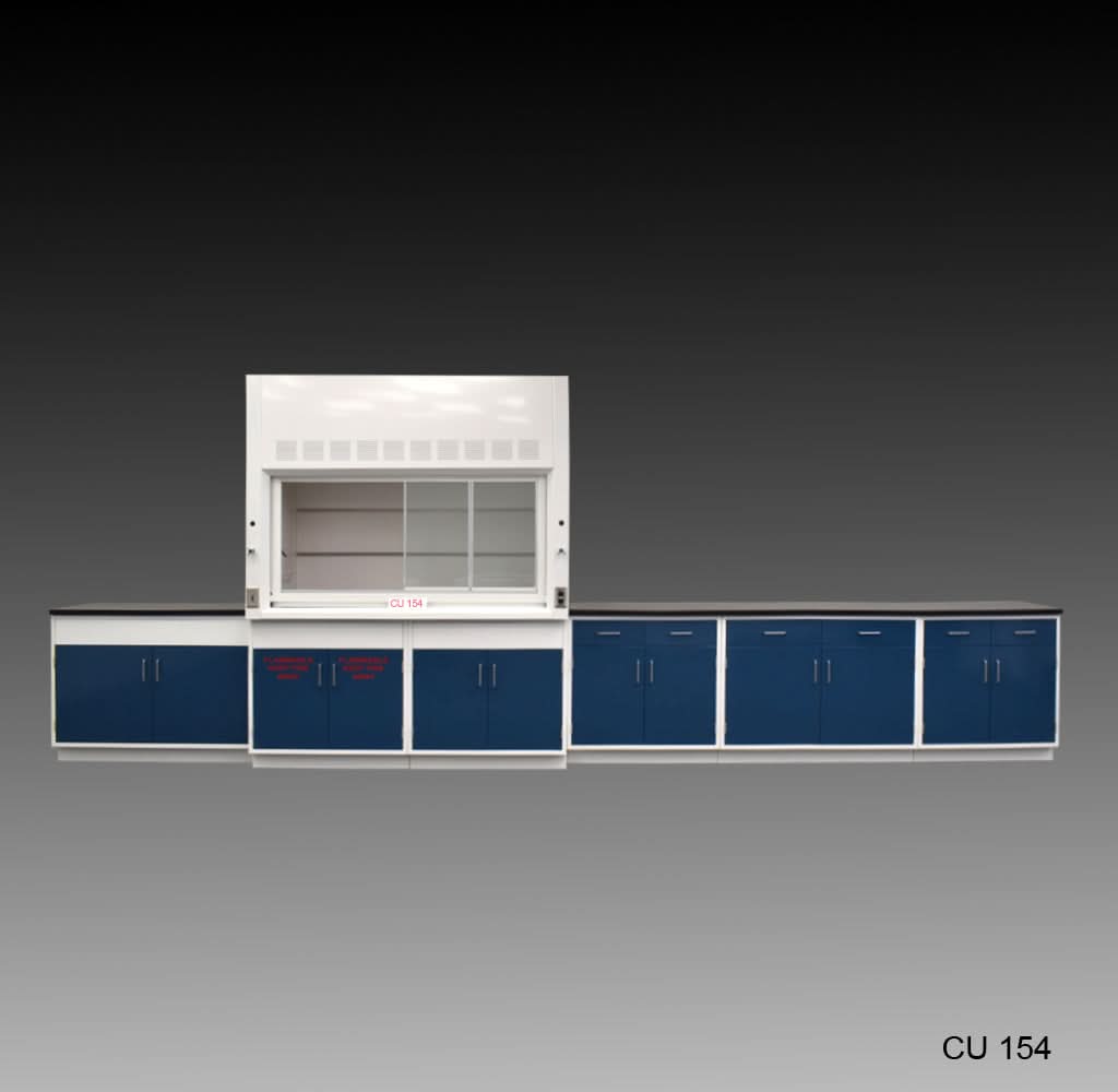 6′ Fisher American Fume Hood w/ Flammable Storage & 14′ Cabinet Group