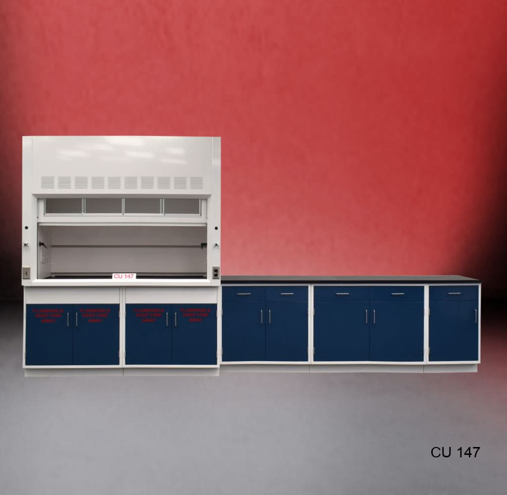 6′ Fisher American Fume Hood w/ 9′ Flammable & General Storage & 9′ Laboratory Cabinets