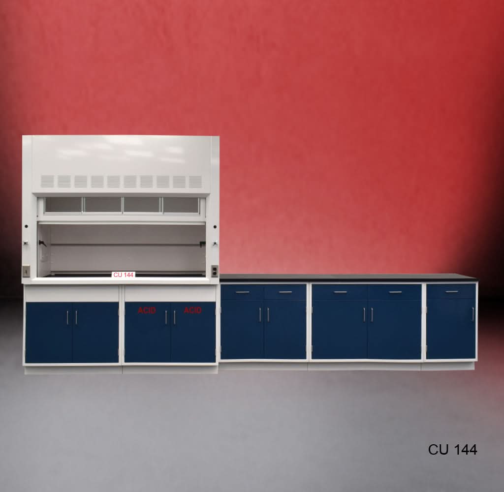 6′ Fisher American Fume Hood w/ Acid Storage & 9′ Laboratory Cabinet Group