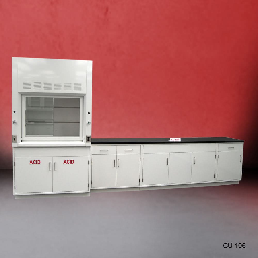 4′ Fisher American Fume Hood w/ 10′ Laboratory Cabinets & ACID Storage