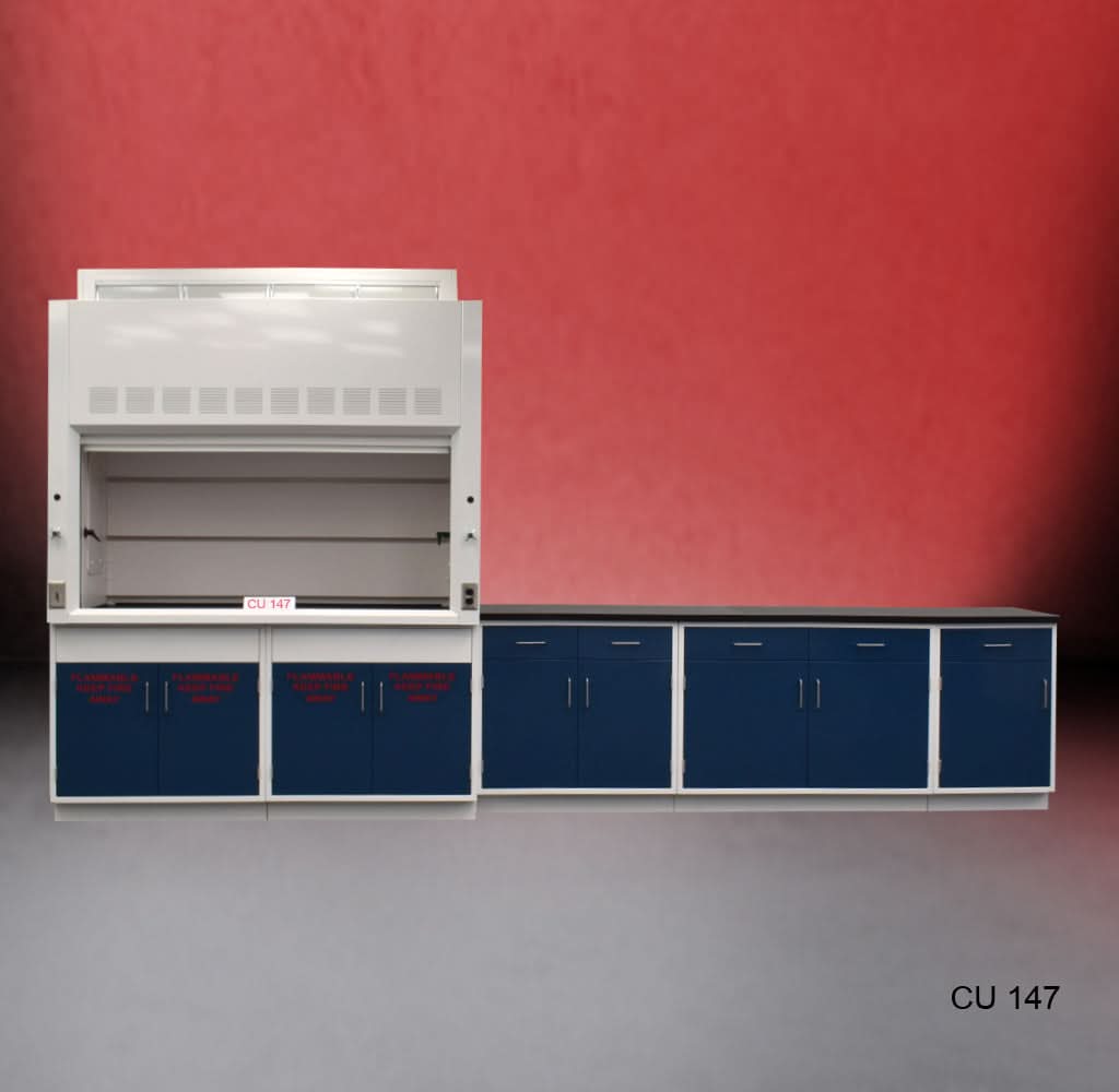 6′ Fisher American Fume Hood w/ 9′ Flammable & General Storage & 9′ Laboratory Cabinets