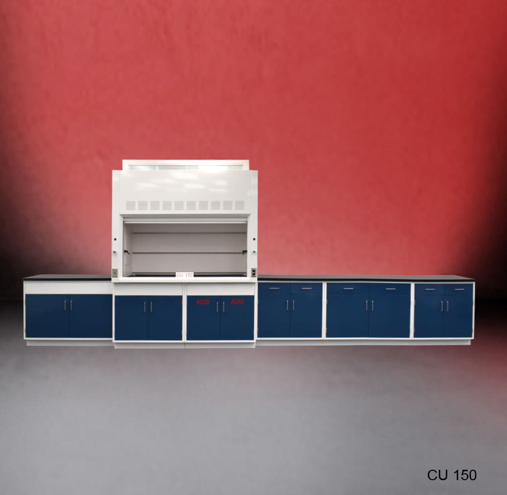 6′ Fisher American Fume Hood w/ ACID & General Storage & 14′ Laboratory Cabinet Group