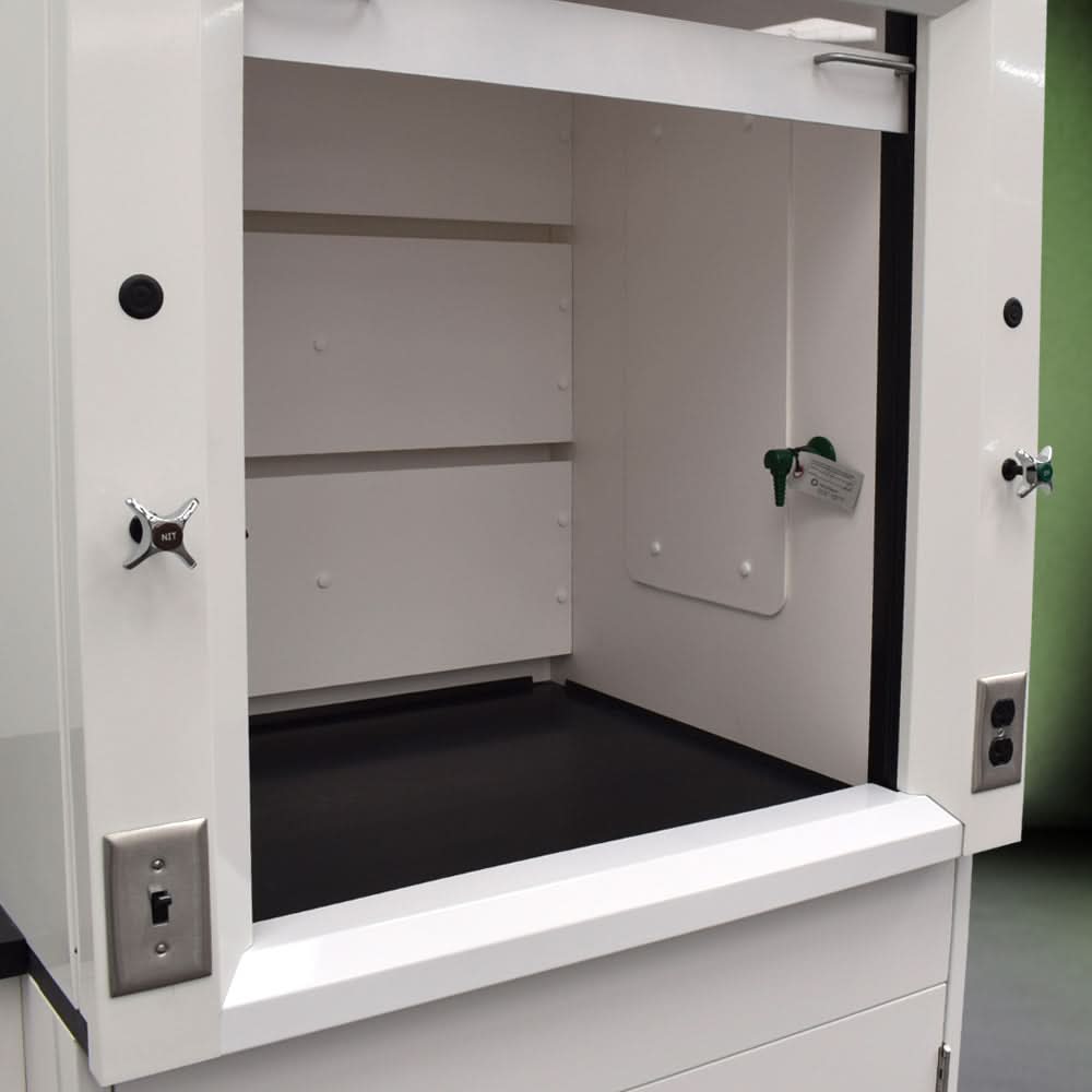 3′ Fisher American Fume Hood w/ 10′ Laboratory Cabinets & Acid Storage