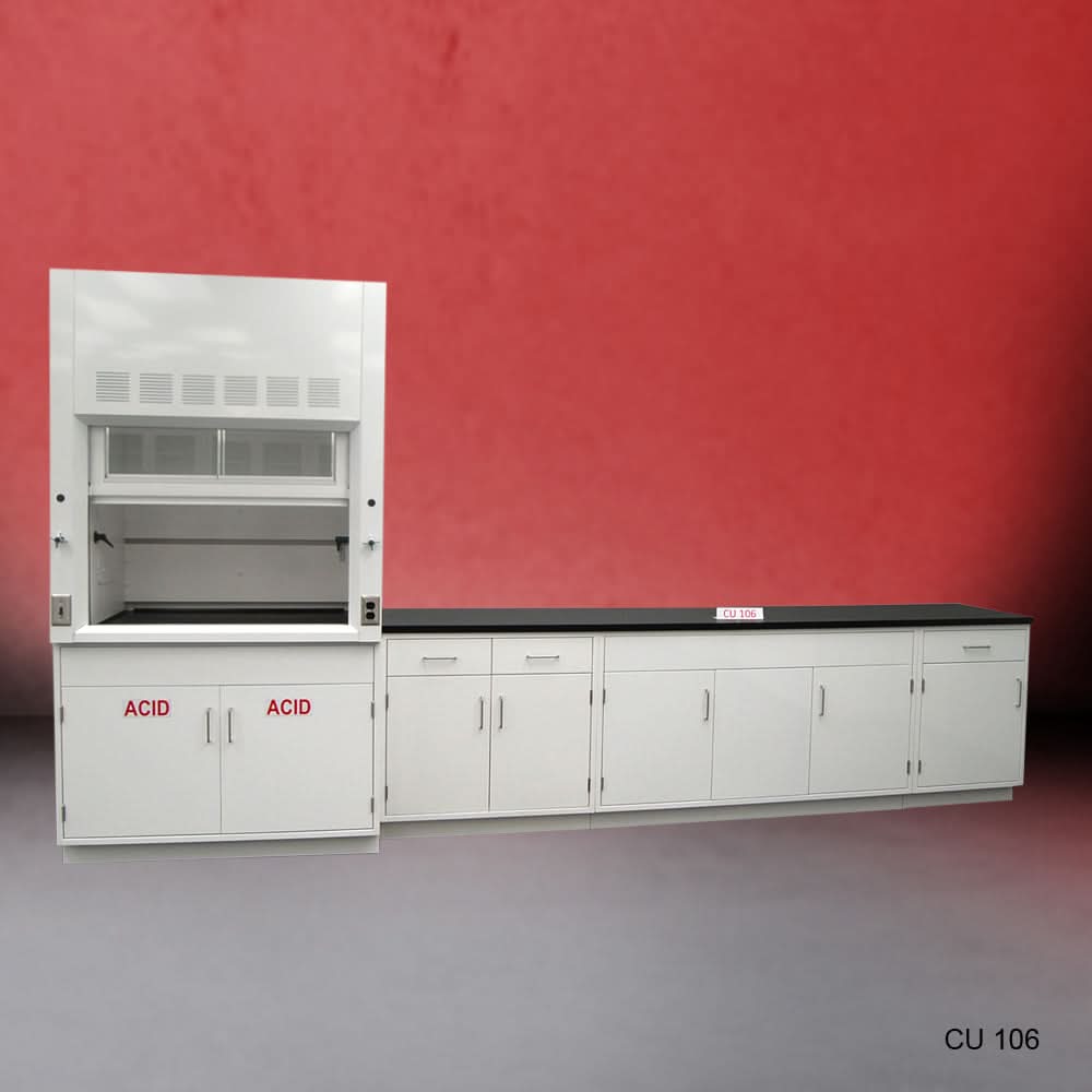 4′ Fisher American Fume Hood w/ 10′ Laboratory Cabinets & ACID Storage