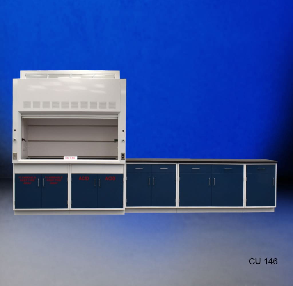 6′ Fisher American Fume Hood w/ Flammable & Acid Storage and 9′ Laboratory Cabinets