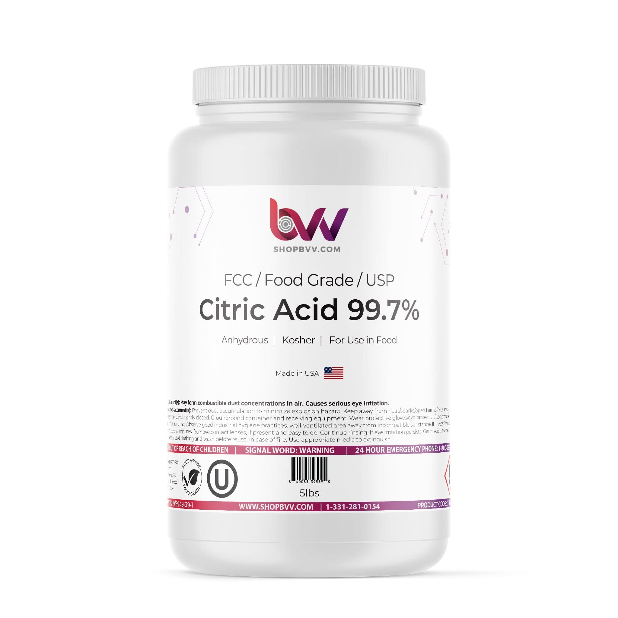 Citric Acid 97% USA - High Purity - Anhydrous FCC, USP, Kosher